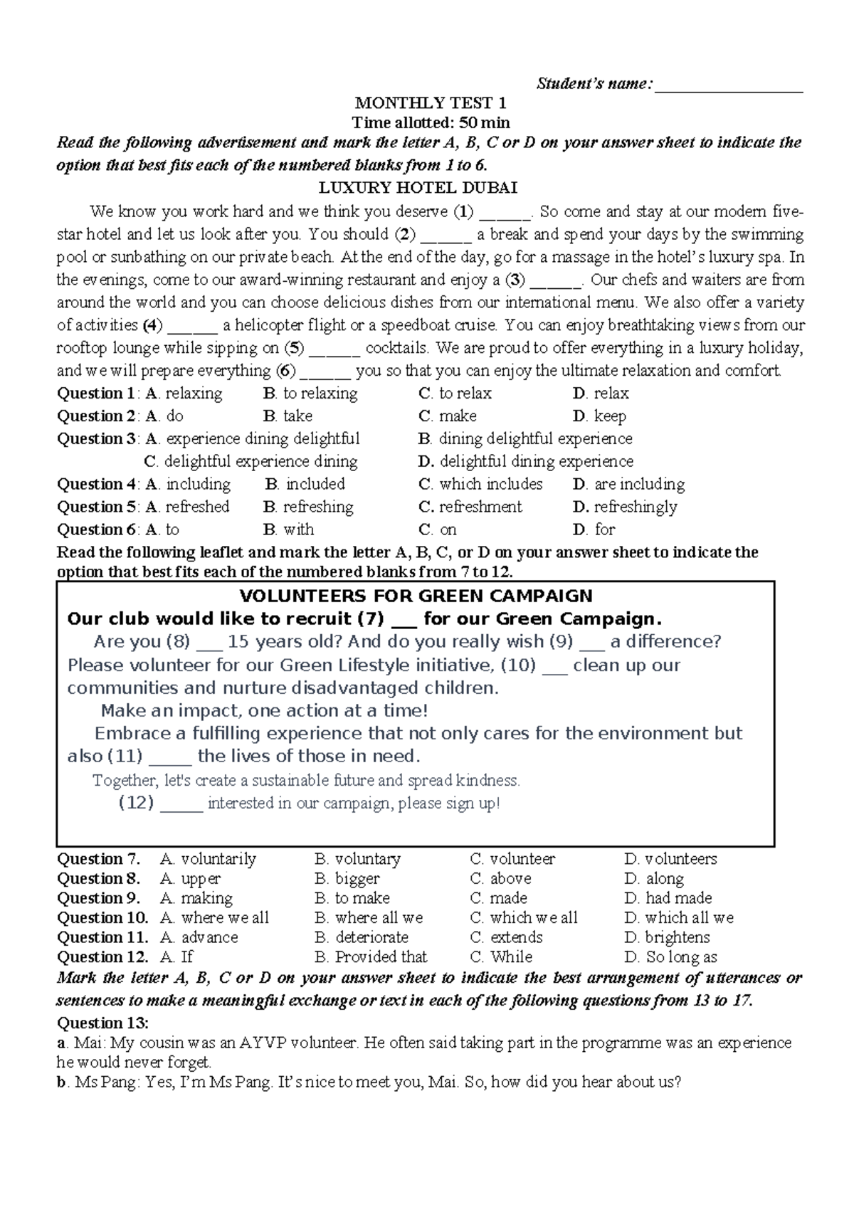 Monthly Test 1 HS - Lecture Notes on Green Energy and Digital ...