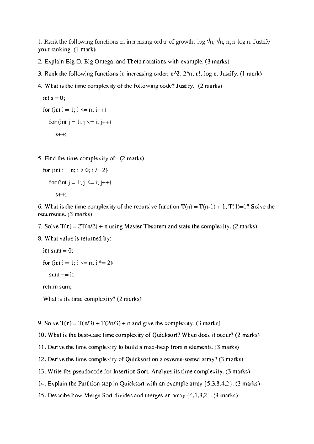 DAA Class TEST 1 - Growth Functions and Time Complexity Analysis - Studocu
