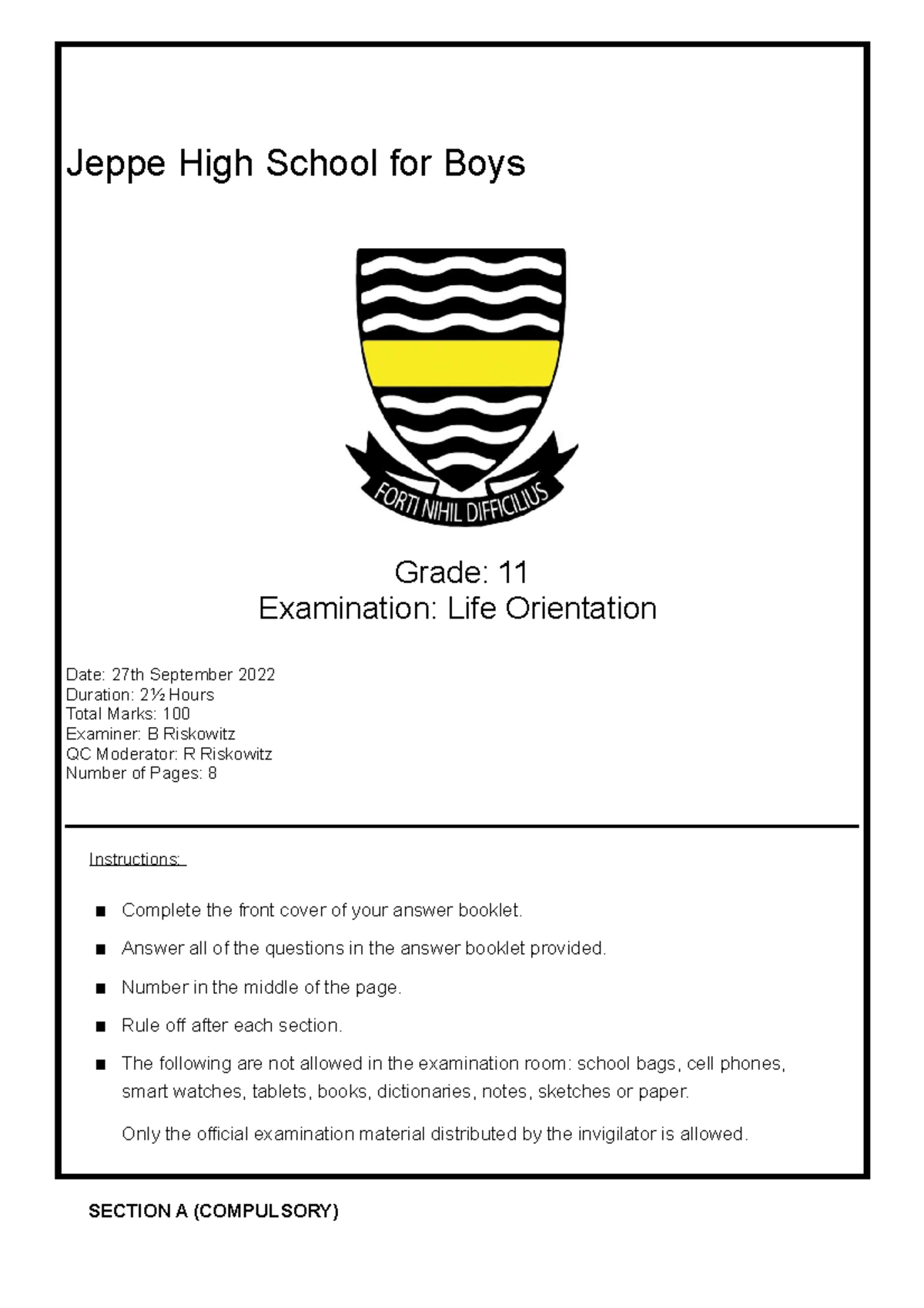 Gr 11 Final Exam 2022 - TestTest - Jeppe High School for Boys Grade: 11 ...