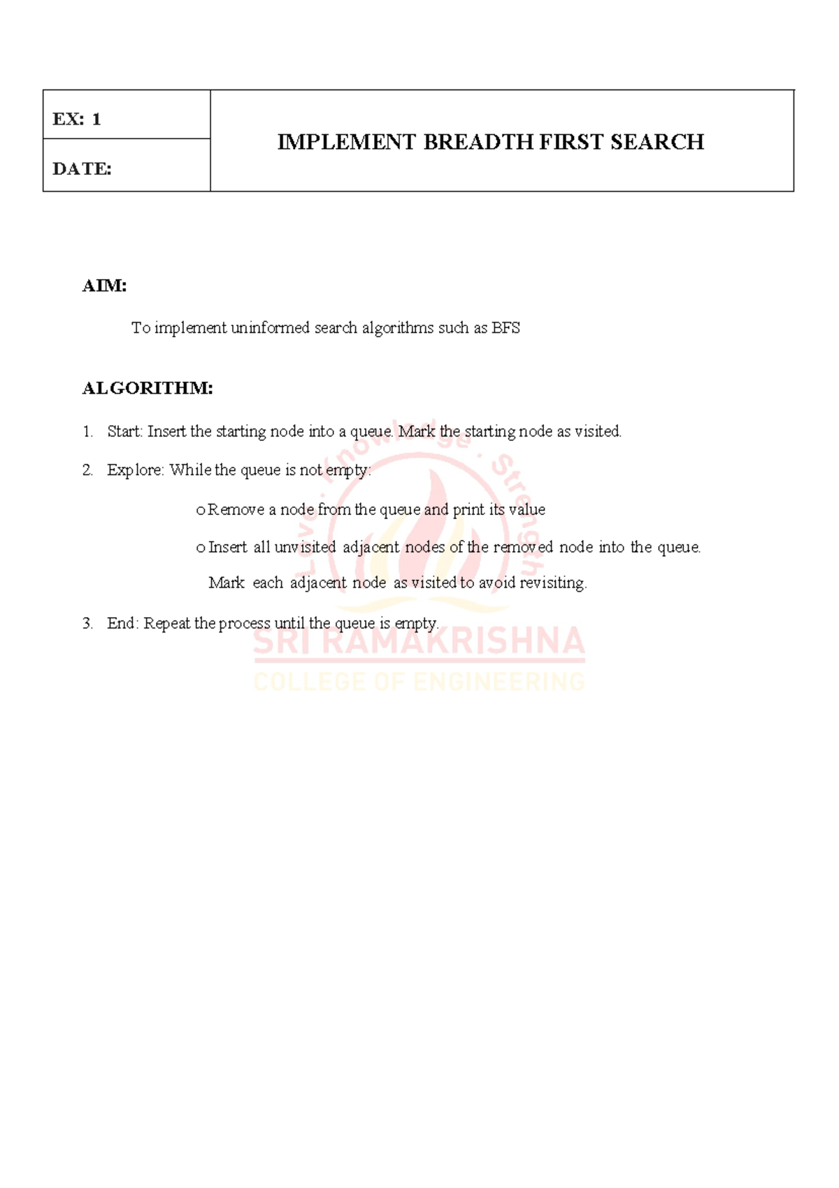 LAB MANUAL FINAL - AIMLF: BREADTH FIRST SEARCH & ALGORITHMS - Studocu