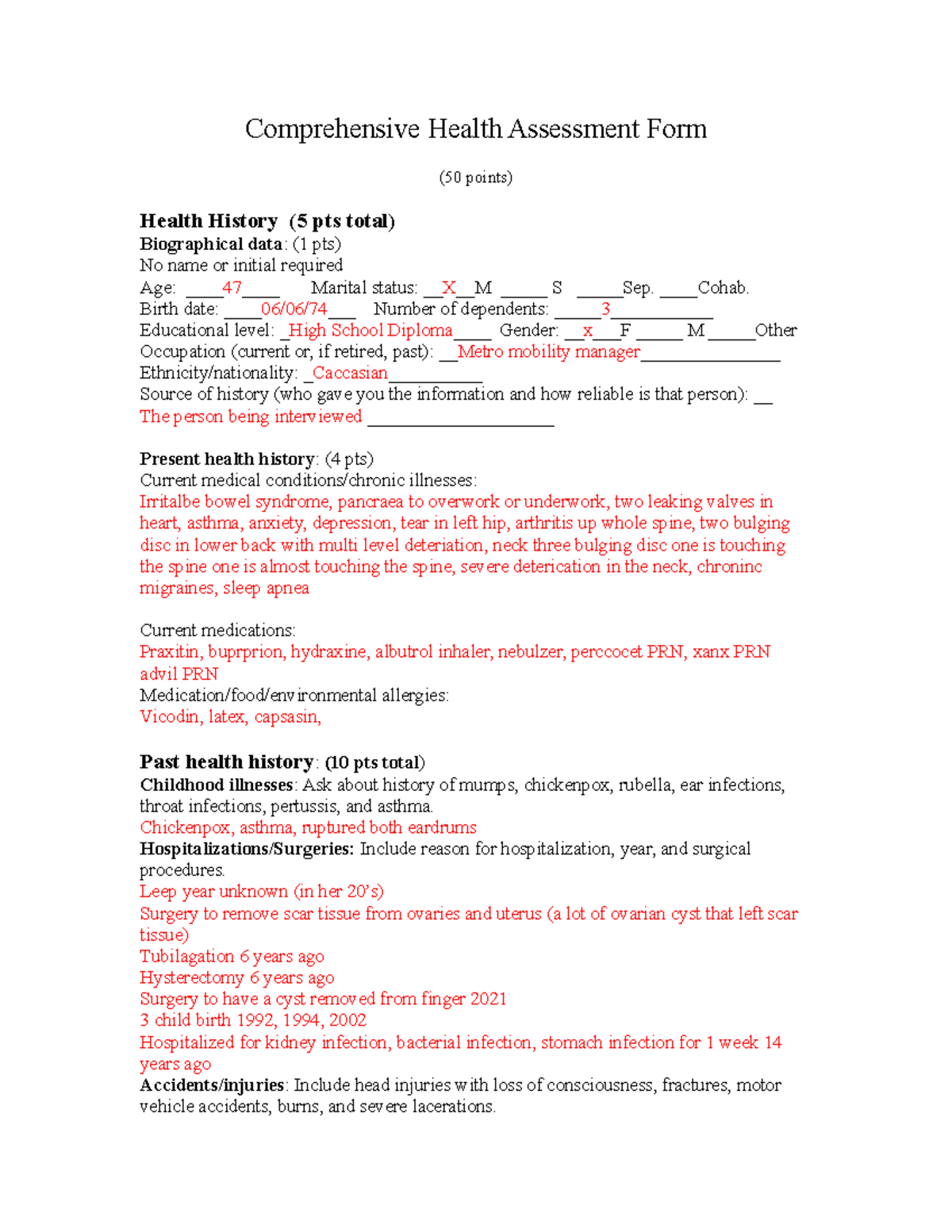 Comprehensive Health History Form - Comprehensive Health Assessment ...