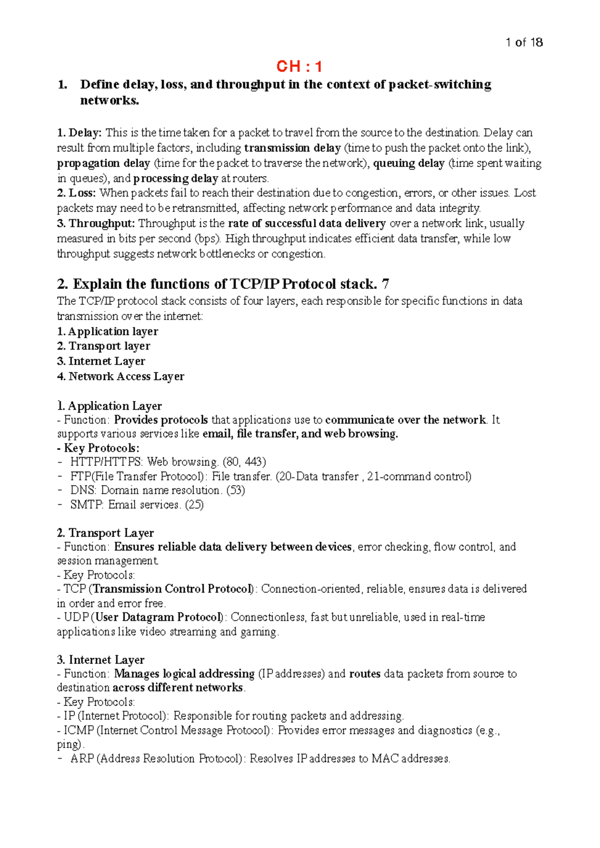 CN 1 & 2 - Networking Concepts: Delay, Loss, Throughput, Protocols ...