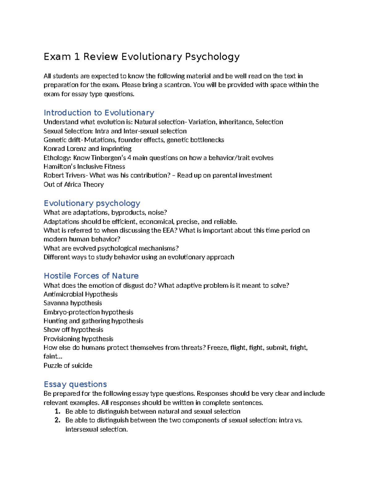 EP 101 Exam 1 Review: Key Concepts in Evolutionary Psychology - Studocu