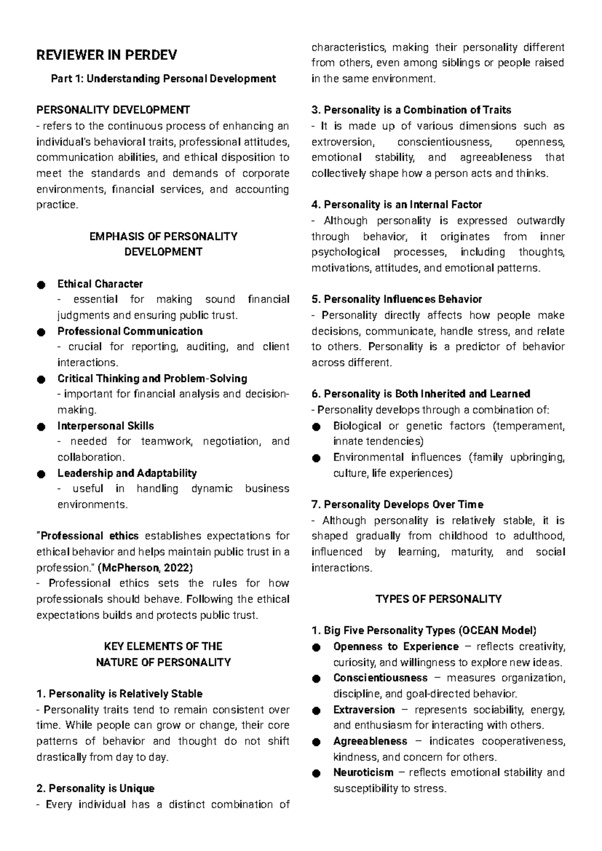 REVIEWER IN PERDEV: Understanding Personal Development Concepts - Studocu