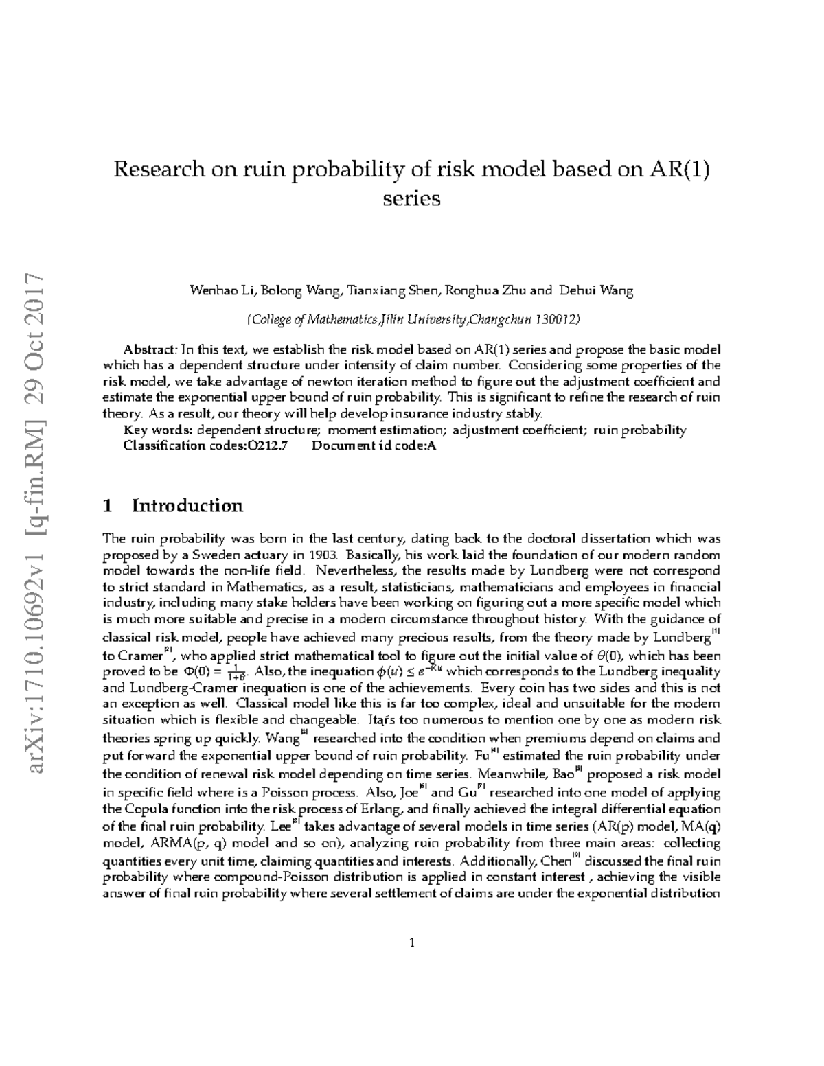 Research on Ruin Probability in Insurance Risk Models (AR) - Studocu