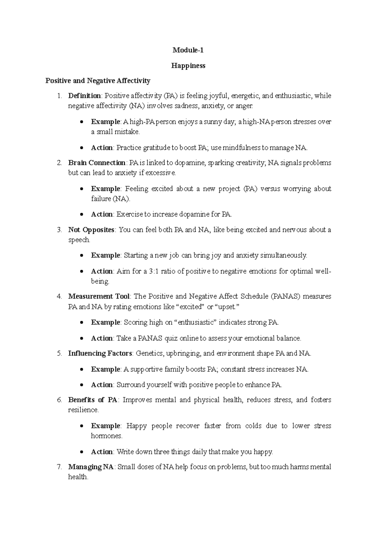 Module-1 Happiness: Detailed Notes on Positive & Negative Affectivity ...