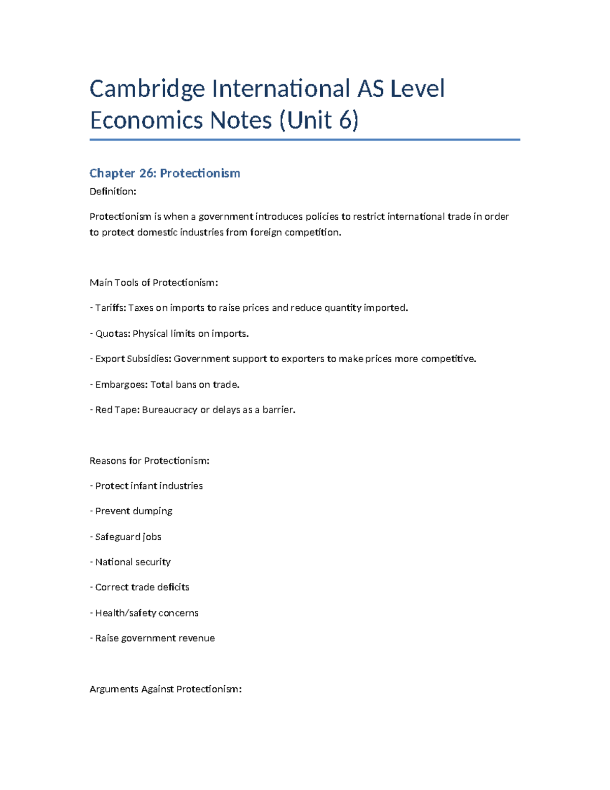 AS Level Economics Notes (Unit 6): Protectionism & Current Account ...