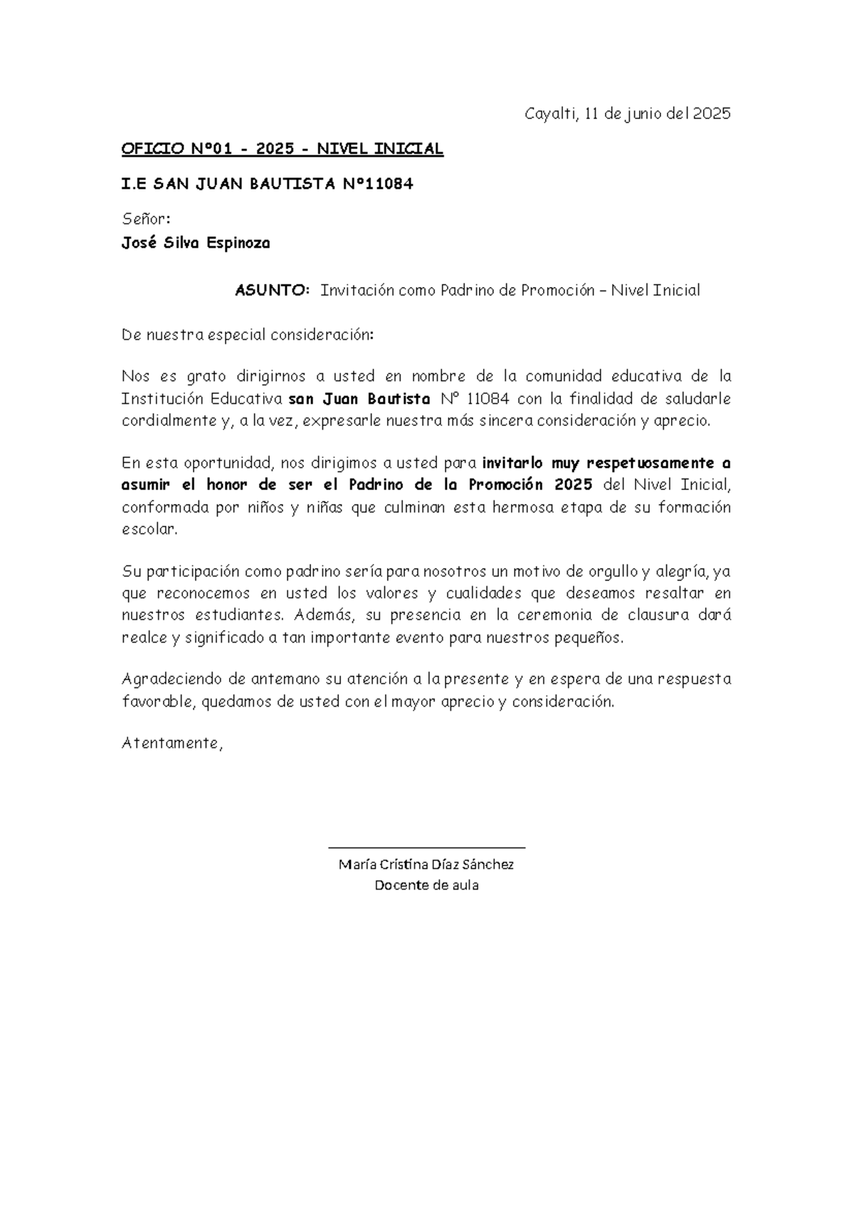 Oficio de Invitación a Padrino de Promoción 2025 - Nivel Inicial - Document Preview
