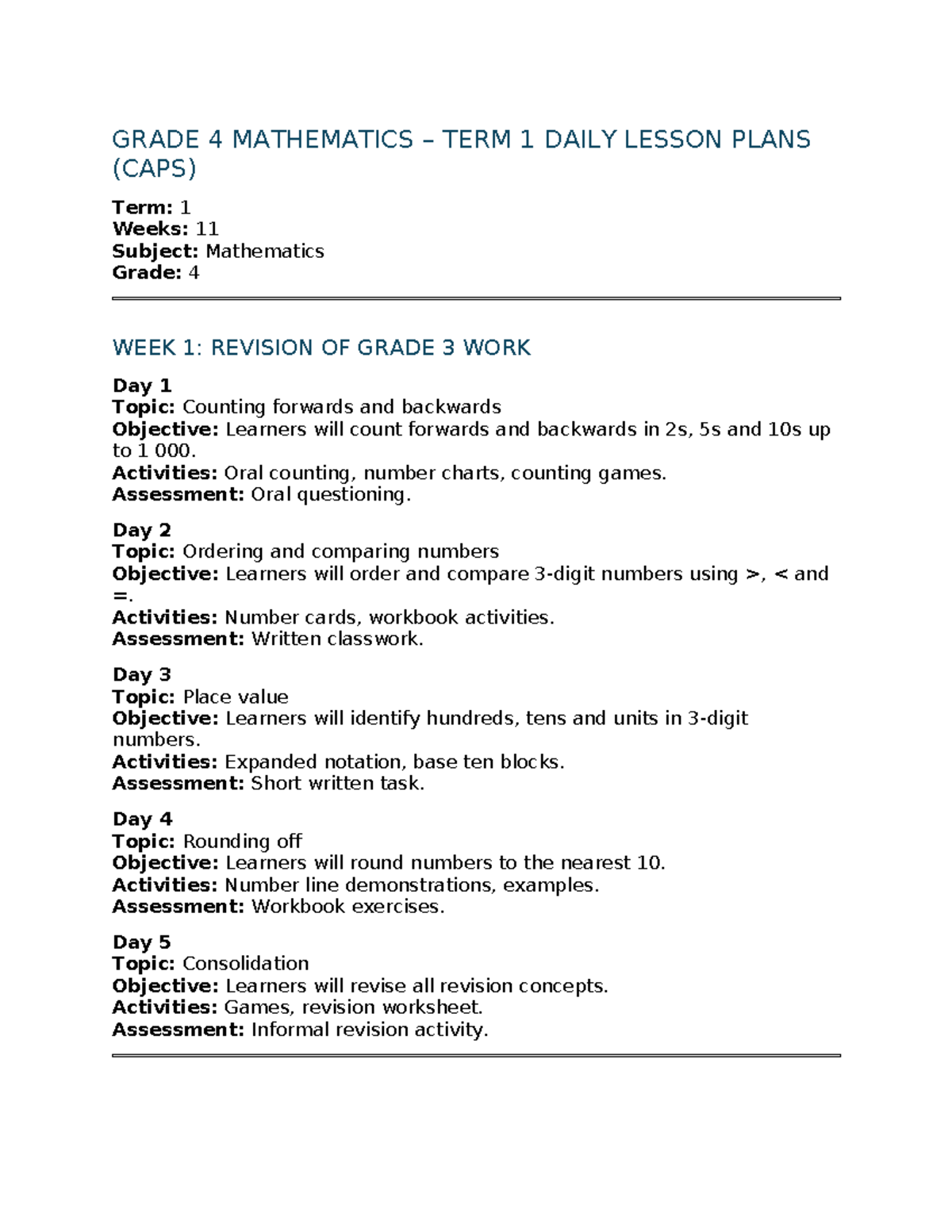 Grade 4 Mathematics Term 1 Daily Lesson Plans (CAPS) - Studocu