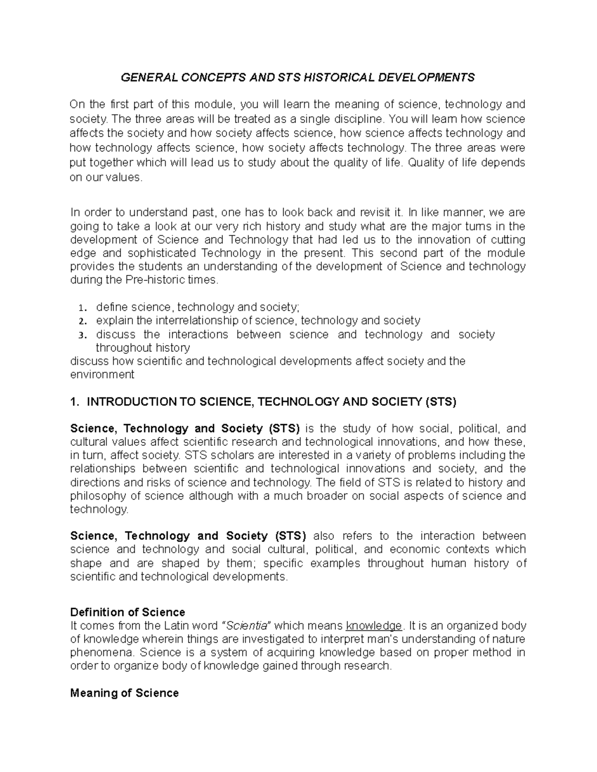 General Concepts in STS and Historical Developments Overview - Studocu