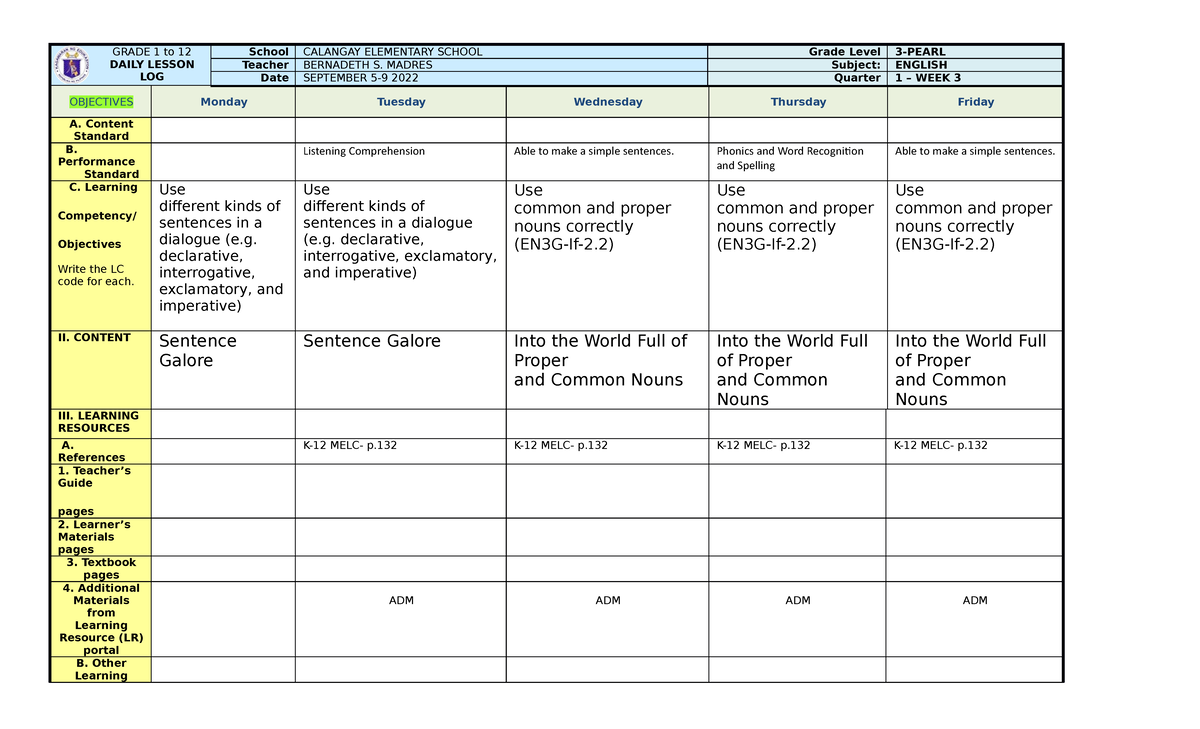 Week 3 Daily Lesson Log for Grade 3 English - Calangay Elementary ...
