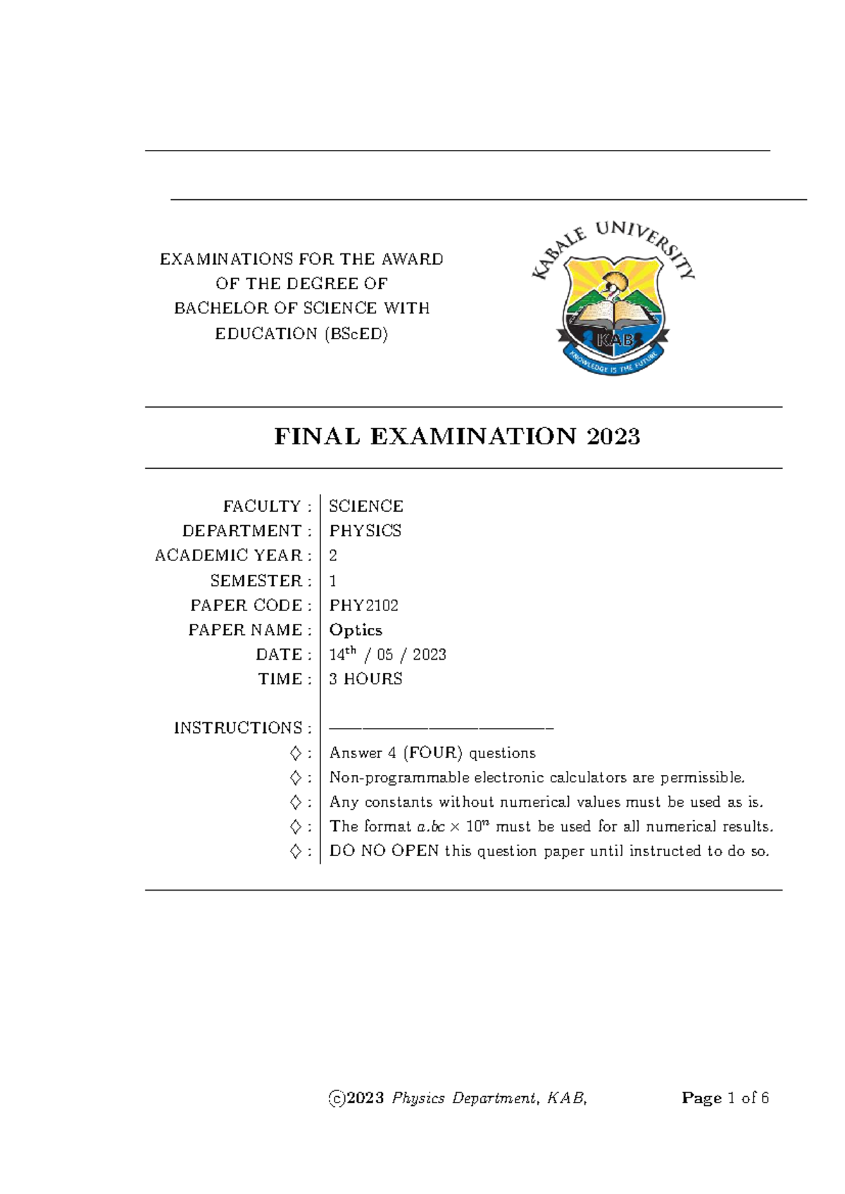 BScED PHY2102 Final Exam 2023: Optics and Wave Phenomena - Studocu
