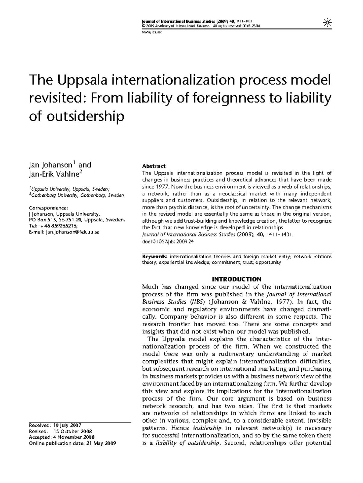 The Uppsala Internationalization Process Model Revisited - Studeersnel