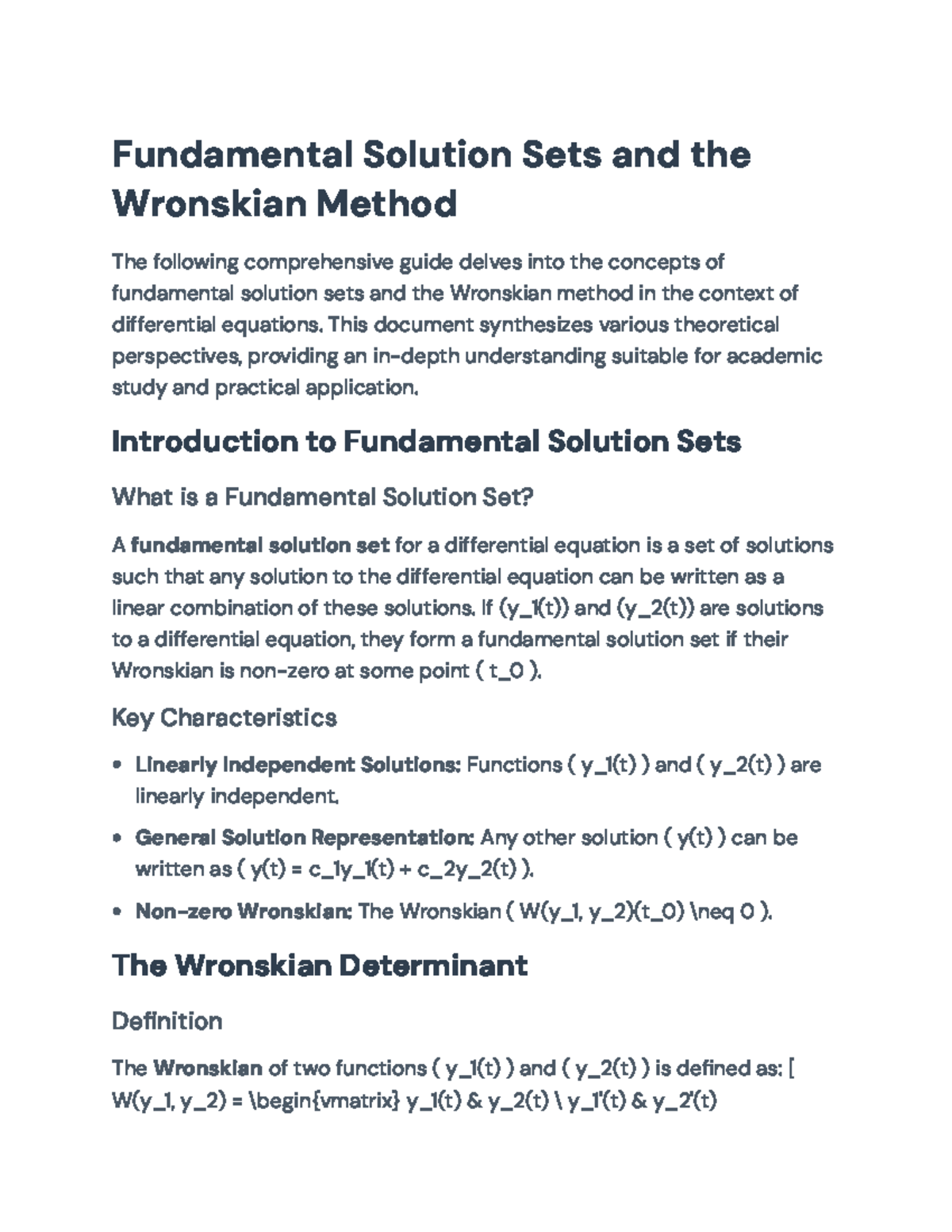 Fundamental Solution Sets & Wronskian Method in Diff. Equations - Studocu