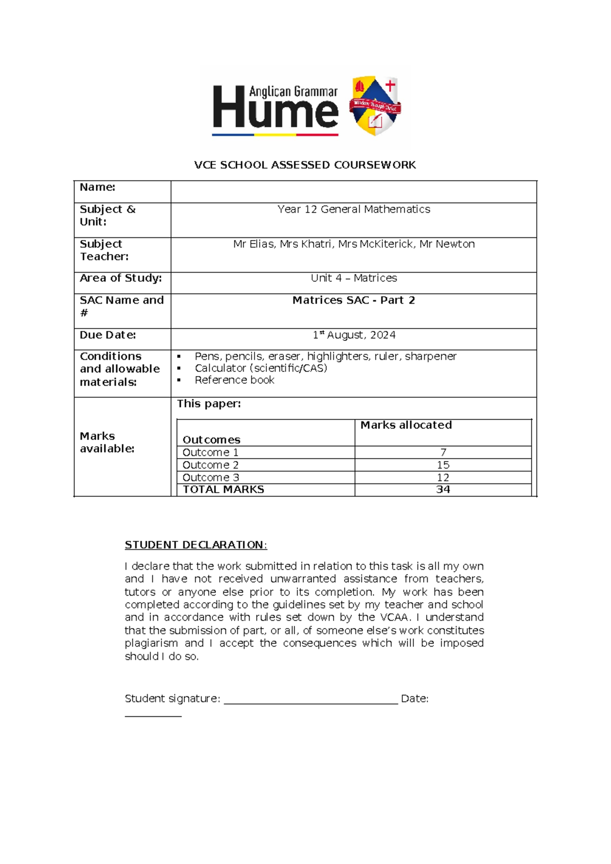 2024 VCE Year 12 General Mathematics Matrices SAC Part 1 & 2 - Studocu