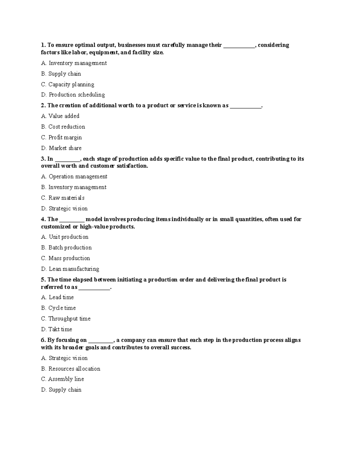 MCQs on Capacity Planning & Operation Management U1+U2 COB2 - Studocu