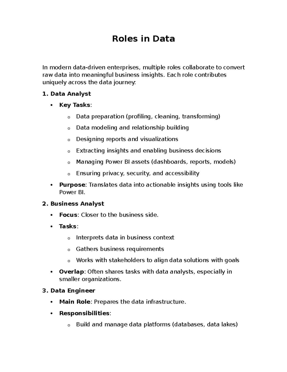 Roles in Data: Key Contributions to Business Insights - Studocu
