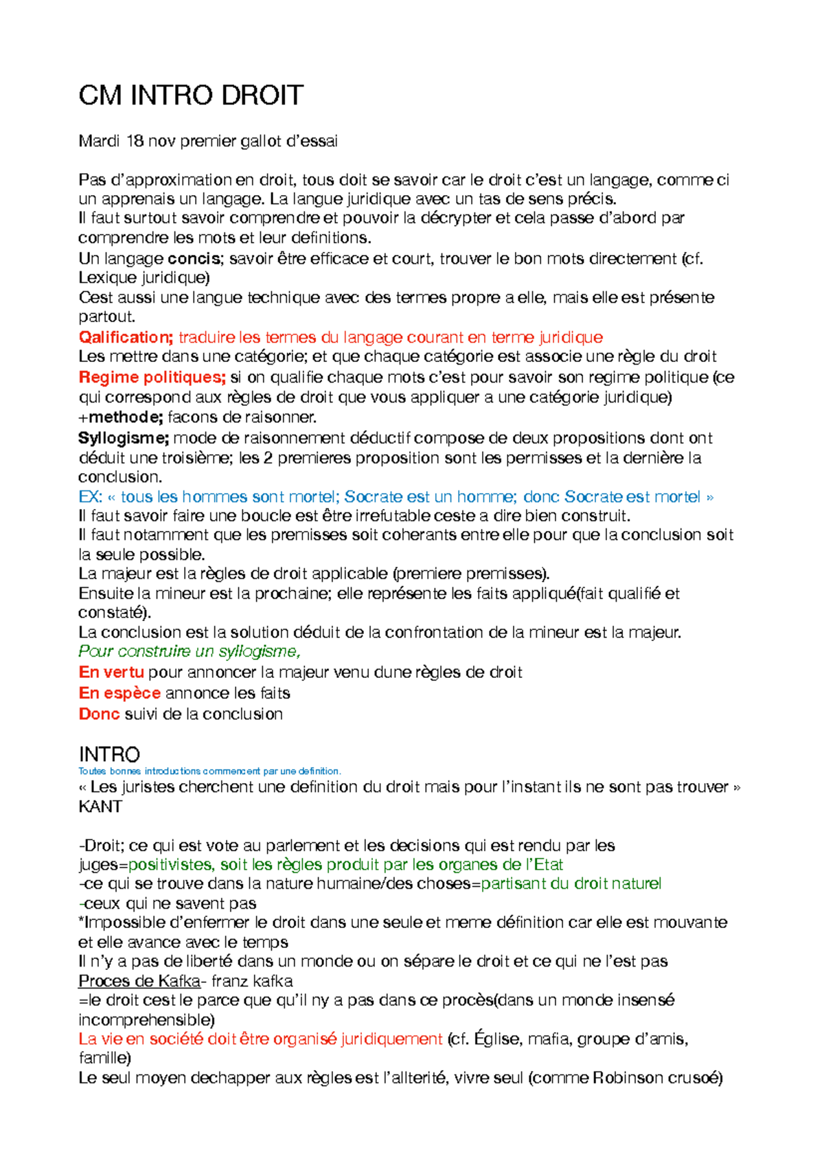 CM INTRO DROIT - Notes de Cours et Concepts Juridiques Essentiels - Studocu