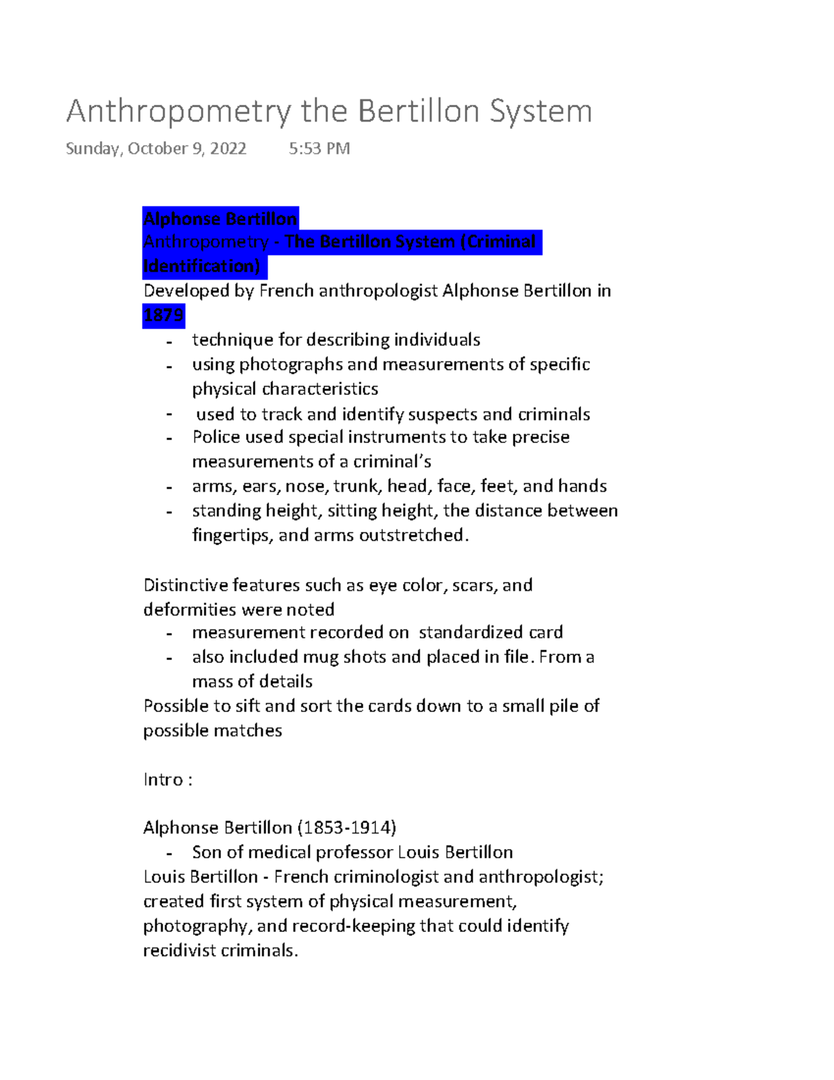 Anthropometry: Bertillon System Overview for Criminal Identification ...