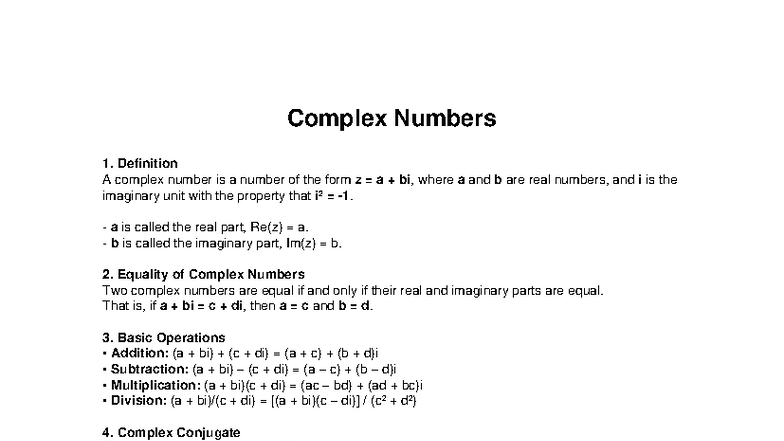 Complex Numbers Notes: Definitions, Operations, and Properties - Studocu