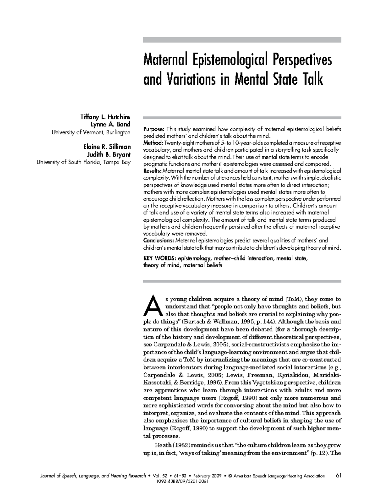 Maternal Epistemologies & Child Interaction in Mental State Talk ...