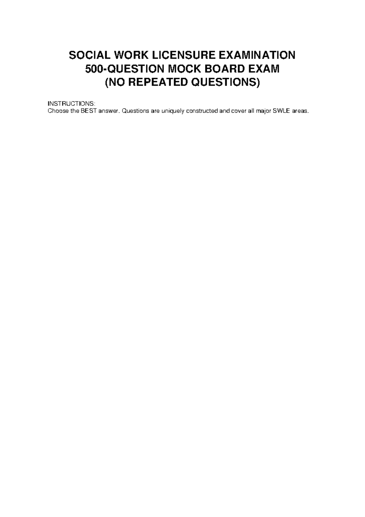 SWLE 500Q Mock Board Exam: Social Work Licensure Practice Questions ...