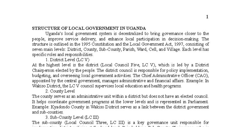 Structure of Local Government in Uganda: A Comprehensive Overview - Studocu