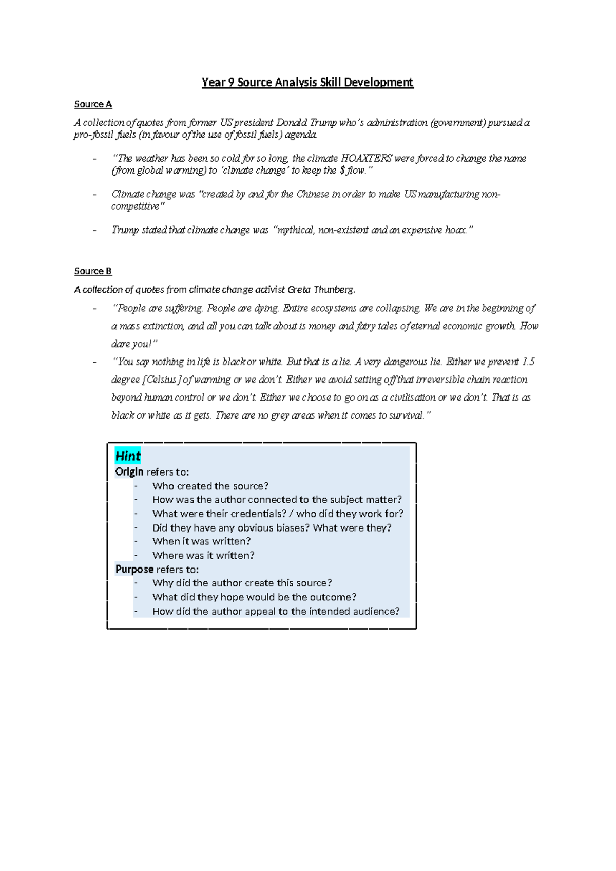 Year 9 Source Analysis Skills: Evaluating Perspectives on Climate ...
