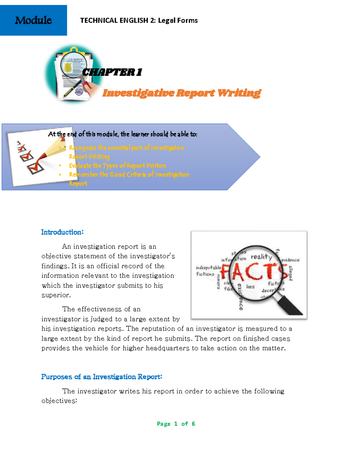 TECHNICAL ENGLISH 2: Legal Forms - CHAPTER 1 Investigative Report Writing - Studocu