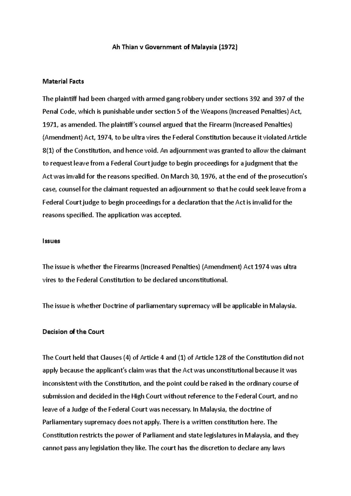 Case Study: Ah Thian v Government of Malaysia (1972) Analysis - Studocu