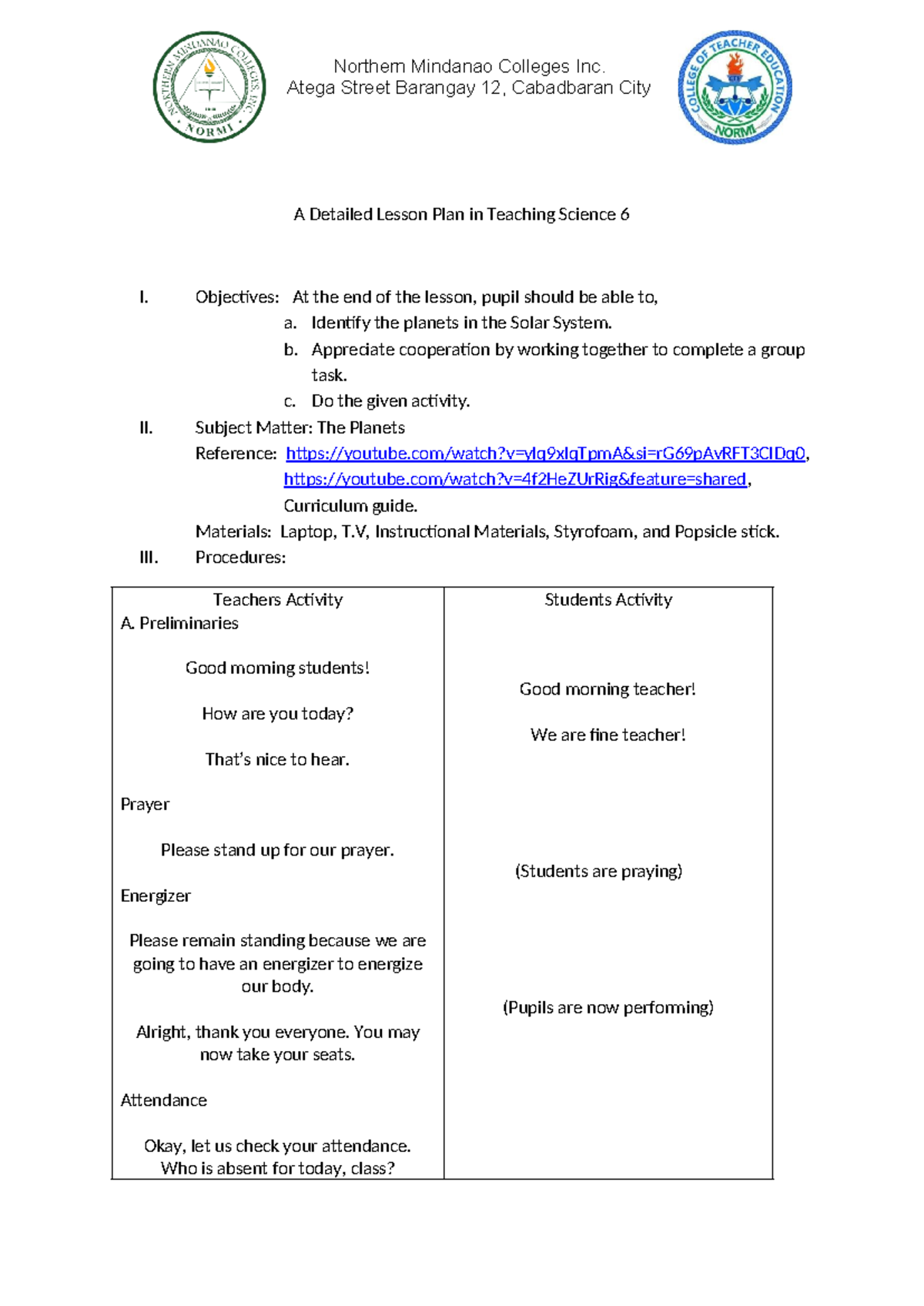 Detailed Lesson Plan for Science 6: The Planets Exploration - Studocu
