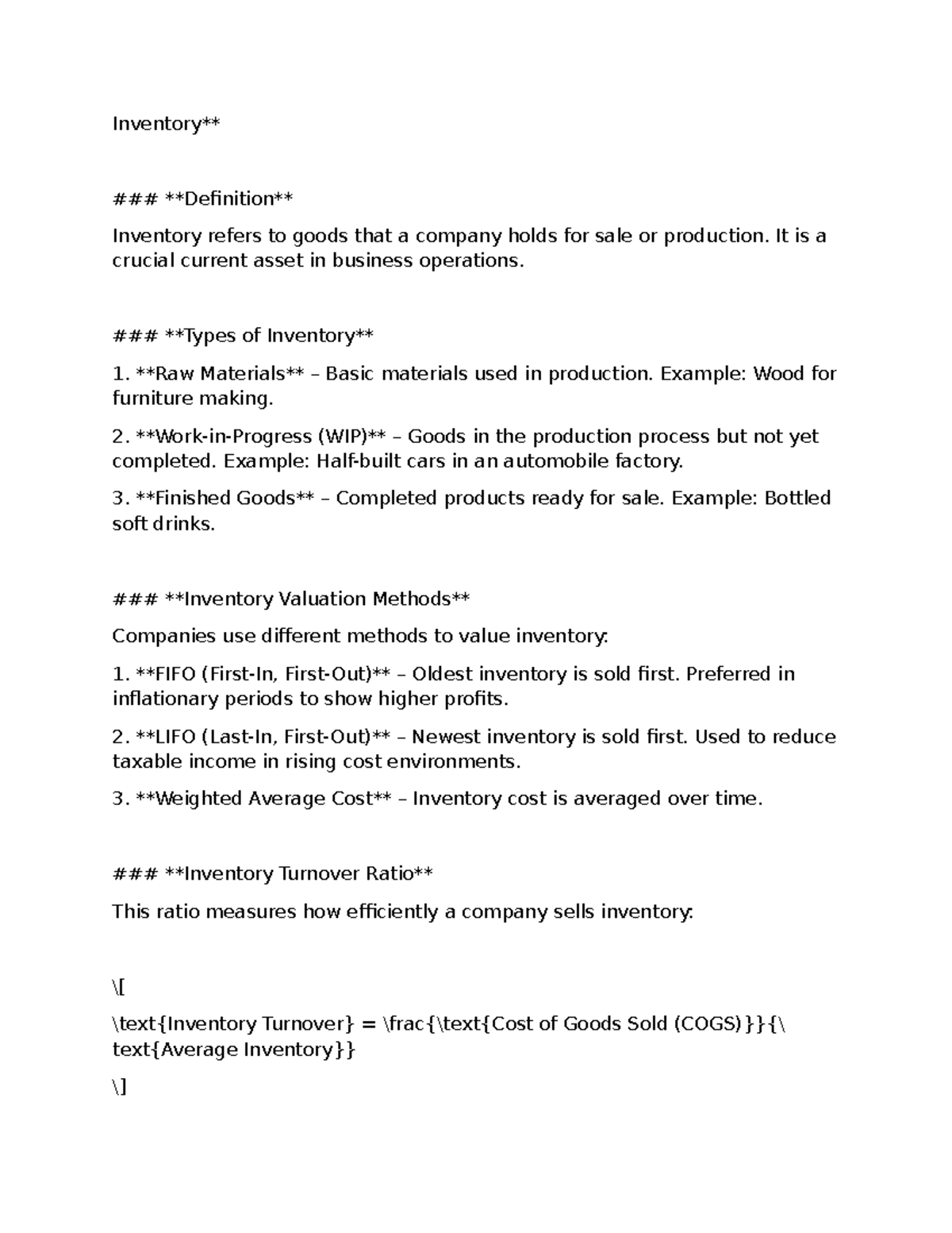 Inventory - This is a summary - Inventory** Definition Inventory refers ...