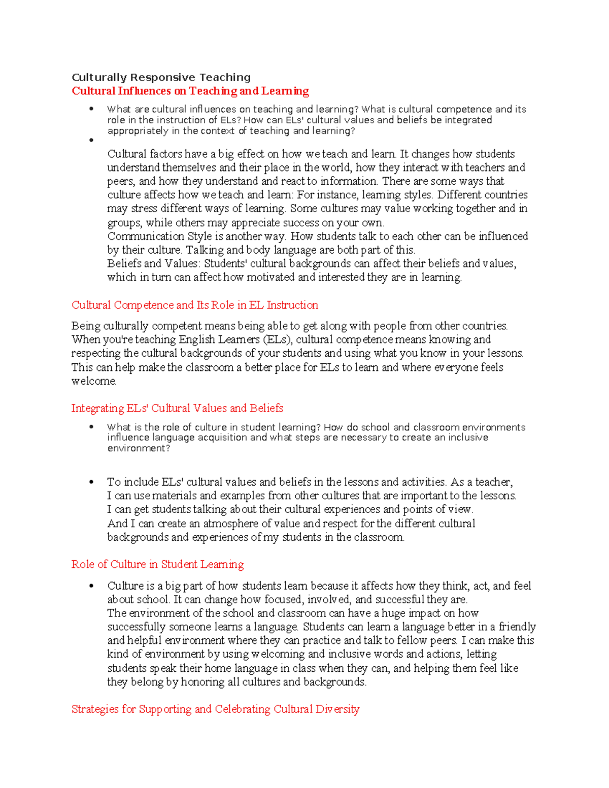 Culturally Responsive Teaching Strategies for ELLs - Week 6 - Studocu