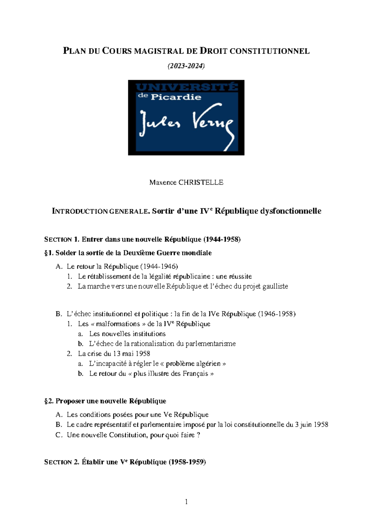 Plan de Cours Magistral Droit Constitutionnel - Introduction à la Ve ...