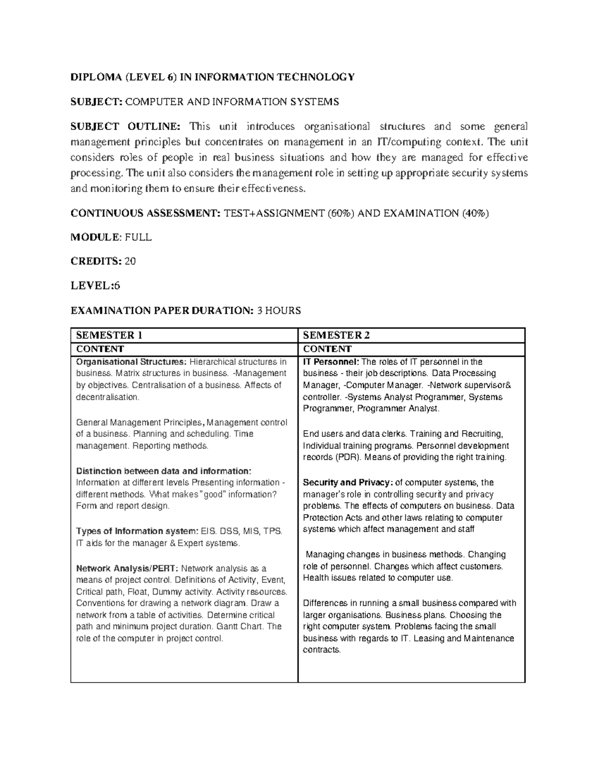 DIPLOMA (LEVEL 6) IN IT: COMPUTER & INFO SYSTEMS COURSE OUTLINE - Studocu