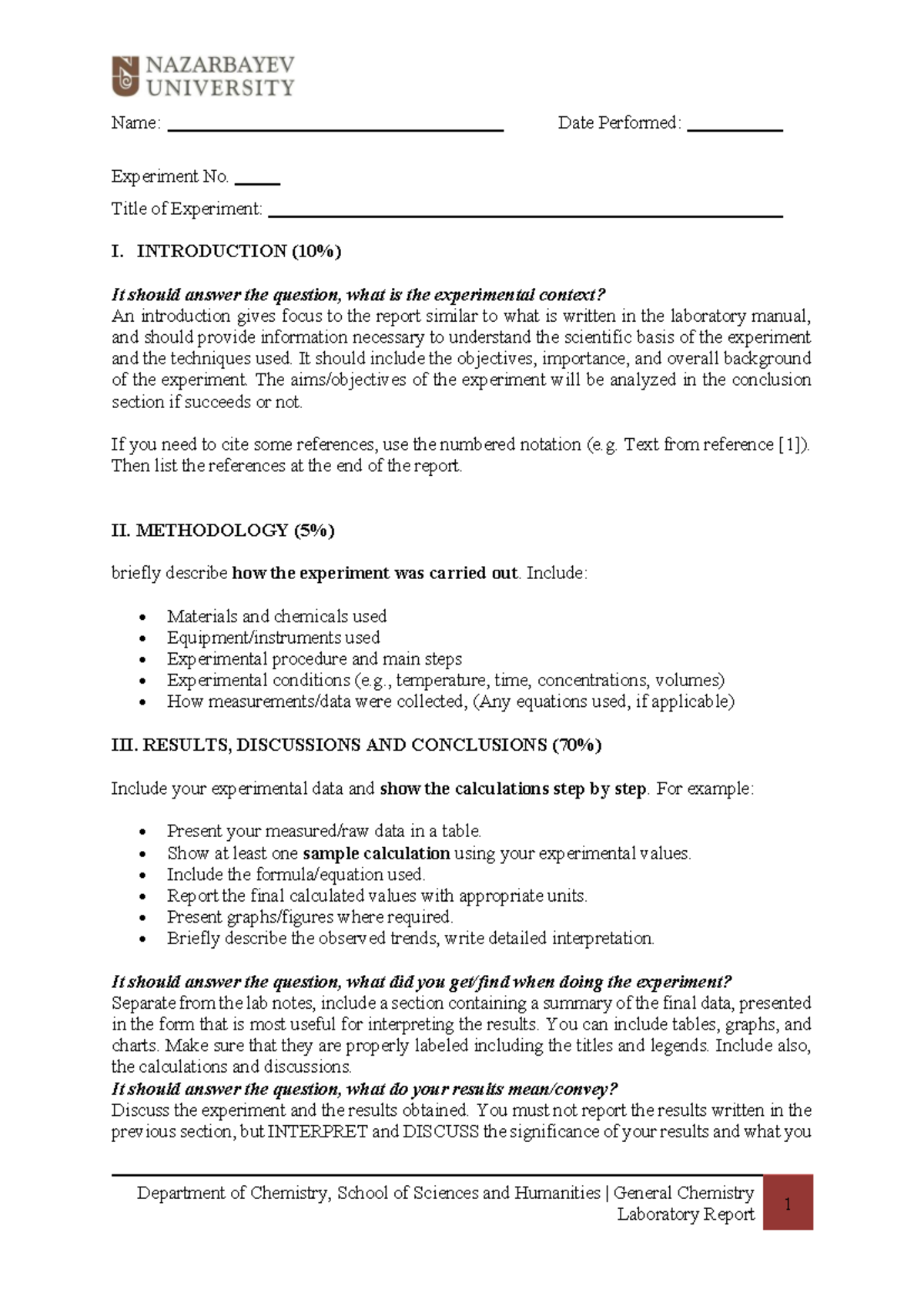 General Chemistry Lab Report 1: Experiment Template and Guidelines ...