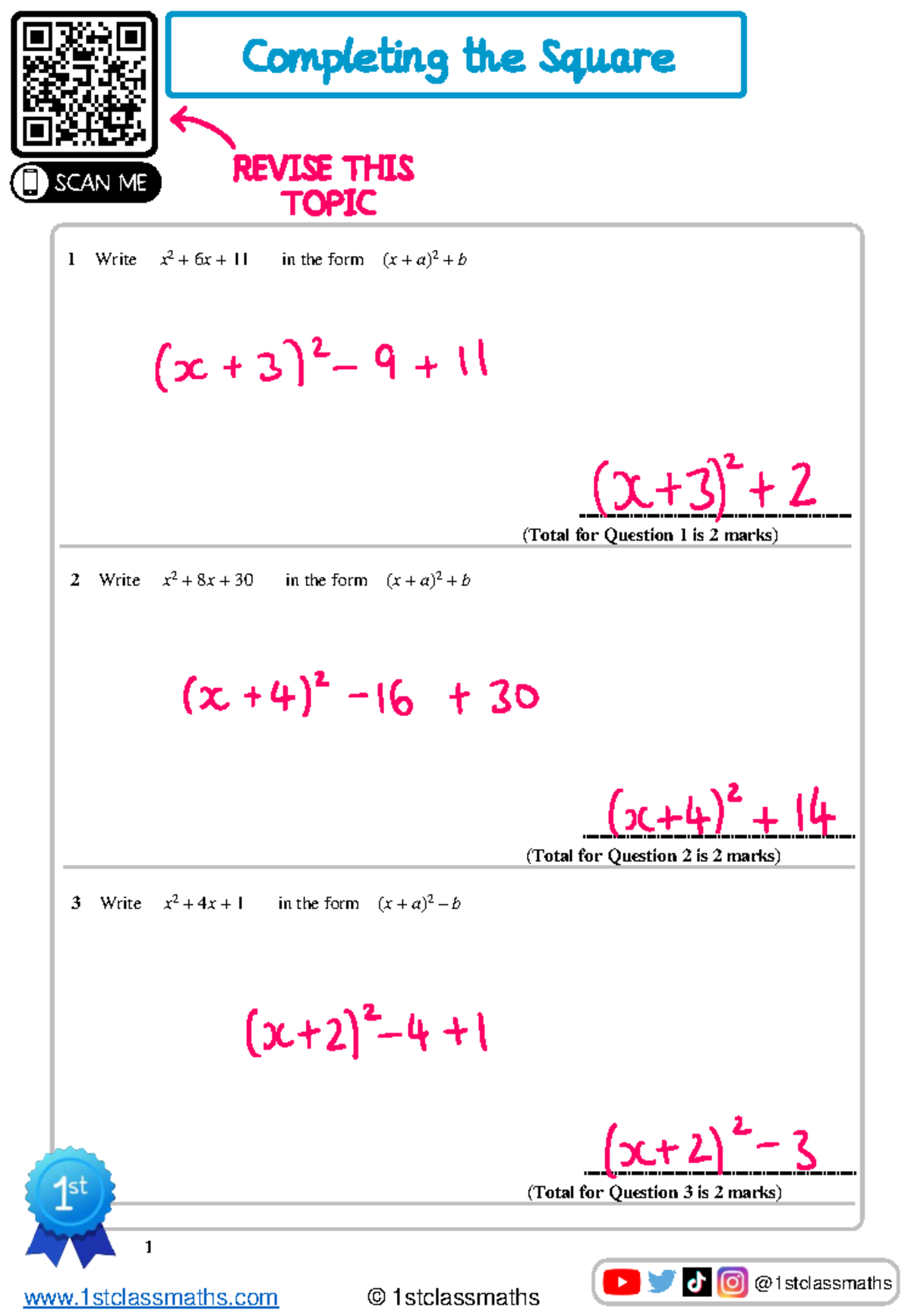 Completing the Square Edexcel Solutions - SCAN ME 1 - Studocu