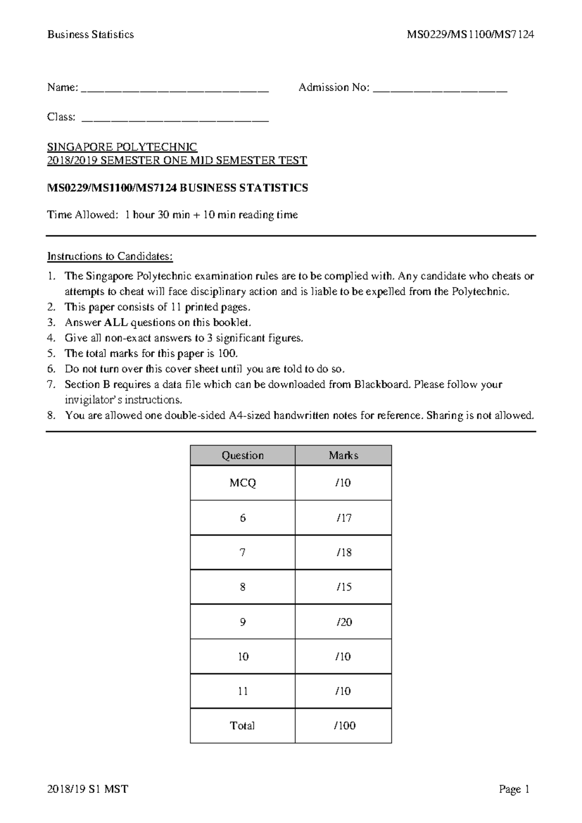 Business Statistics S1 MST Mid Semester Test Notes - Studocu