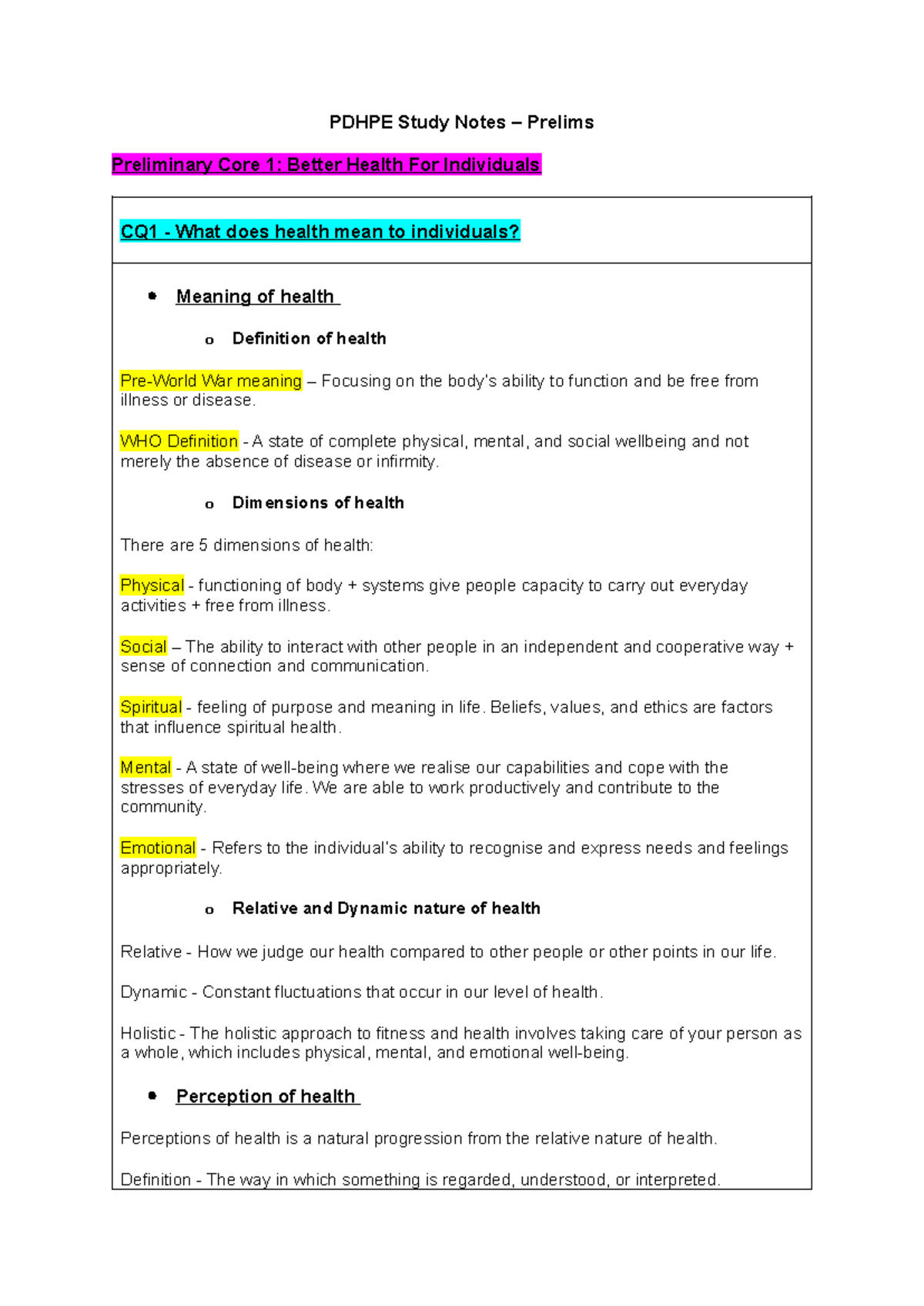 Pdhpe Study Prelim Notes - PDHPE Study Notes – Prelims Preliminary Core ...