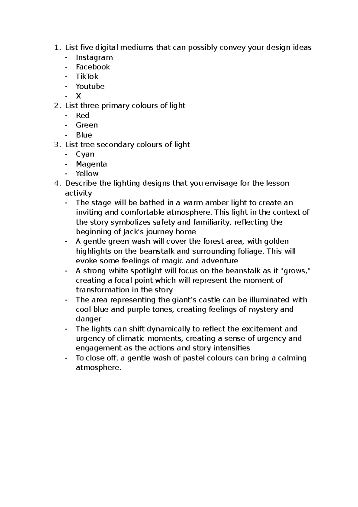 T191 Worksheet: Exploring Lighting Designs for Performance Ideas - Studocu