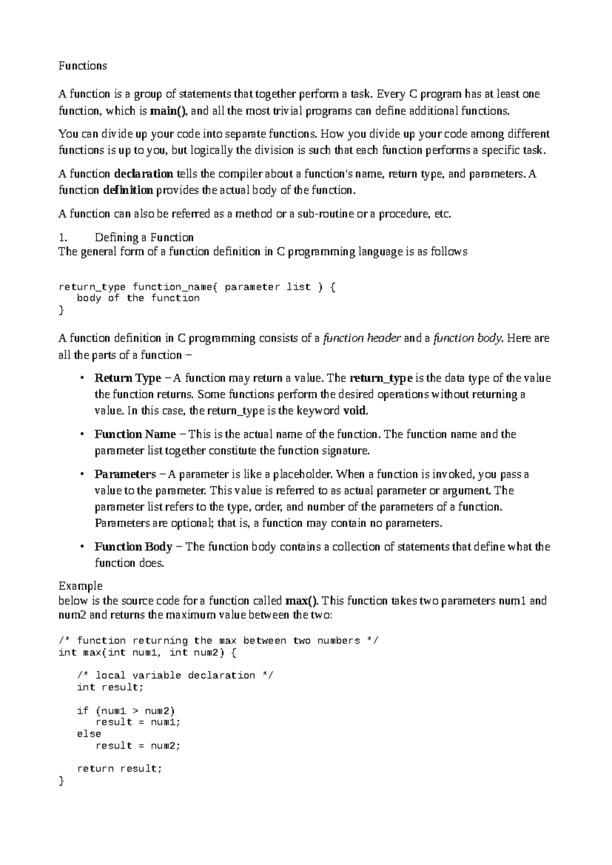 C Programming Functions: Definitions, Declarations, and Examples - Studocu
