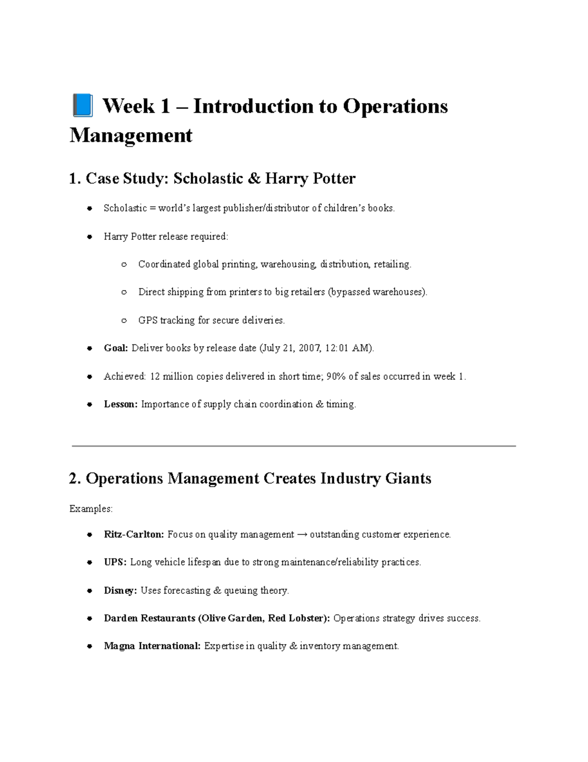 GMS401 Week 1 Lecture Notes: Introduction to Operations Management ...