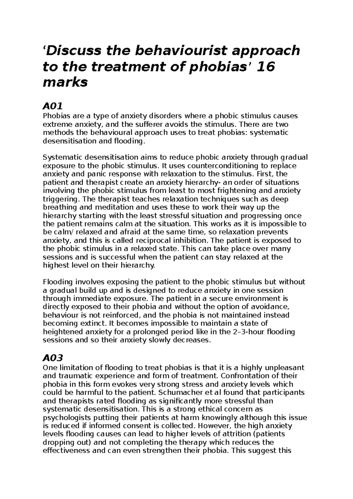 Behaviourist Approach to Phobia Treatment: A01 & A03 Analysis - Studocu