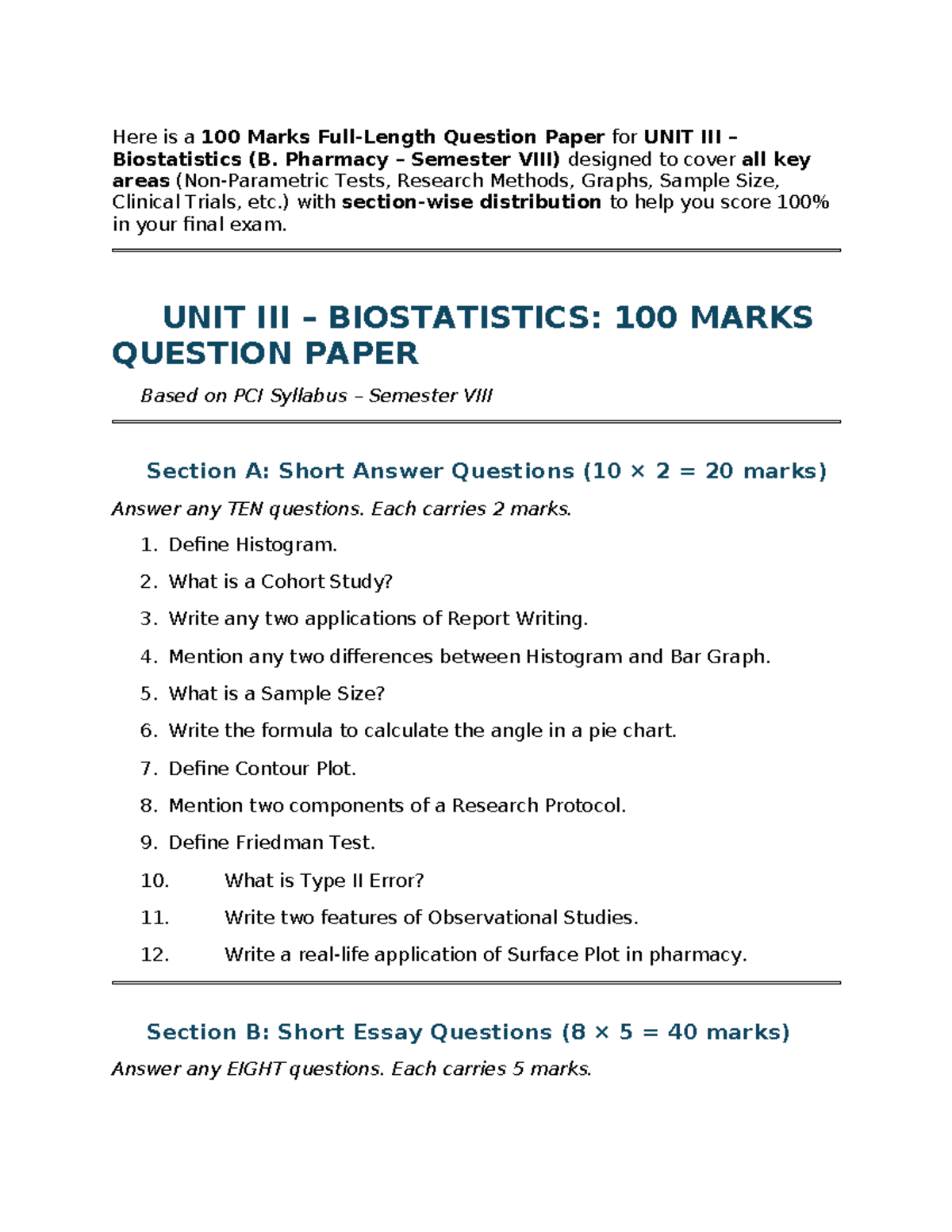 Biostatistics (B. Pharmacy) Final Exam: 100 Marks Question Paper - Studocu