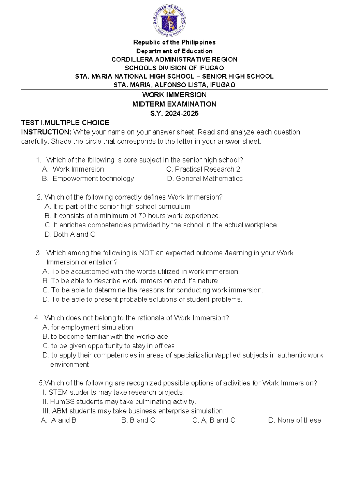 WORK IMMERSION MIDTERM EXAM S.Y. 2023 - 2024 - Studocu