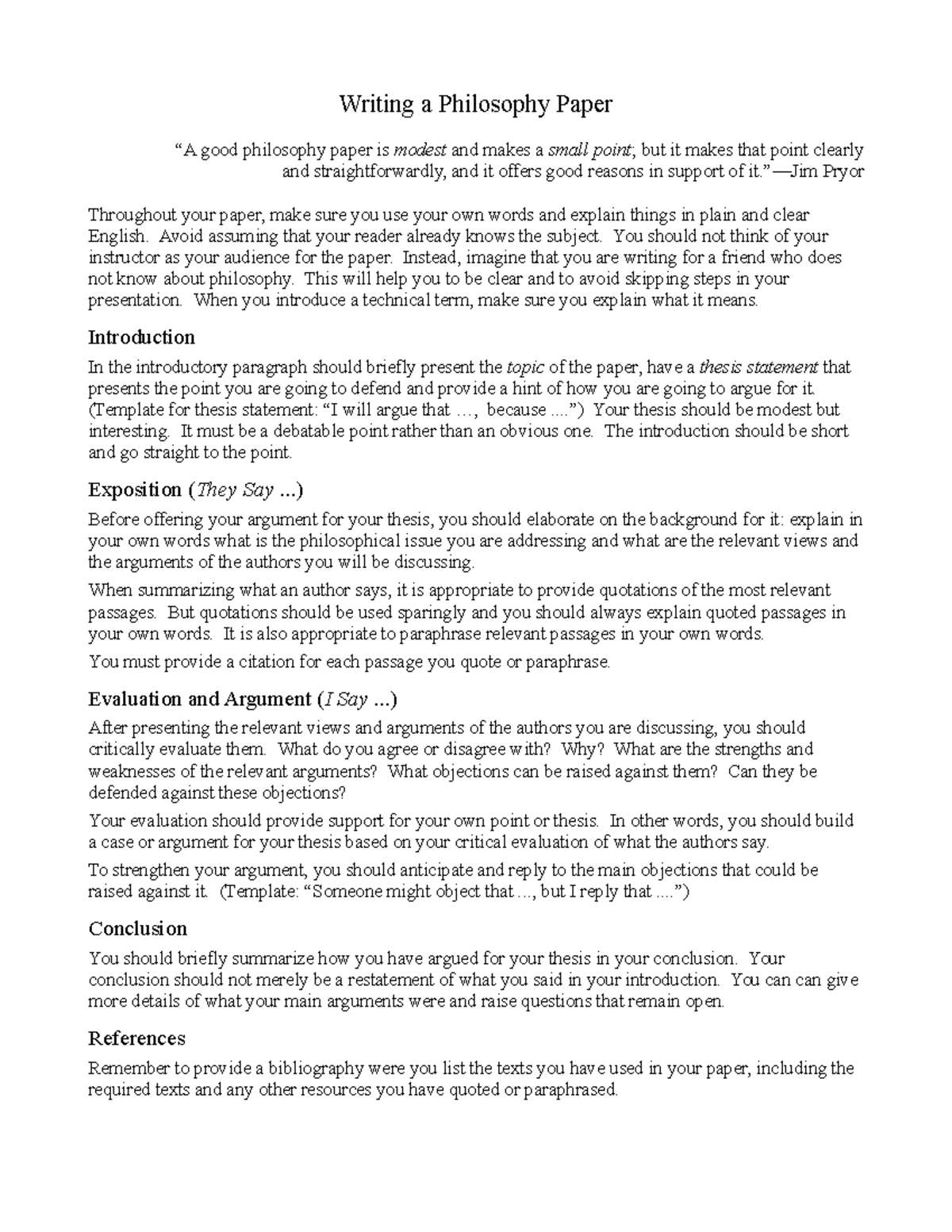 Handout Writing a Philosophy Paper (E.W.) - Writing a Philosophy Paper ...