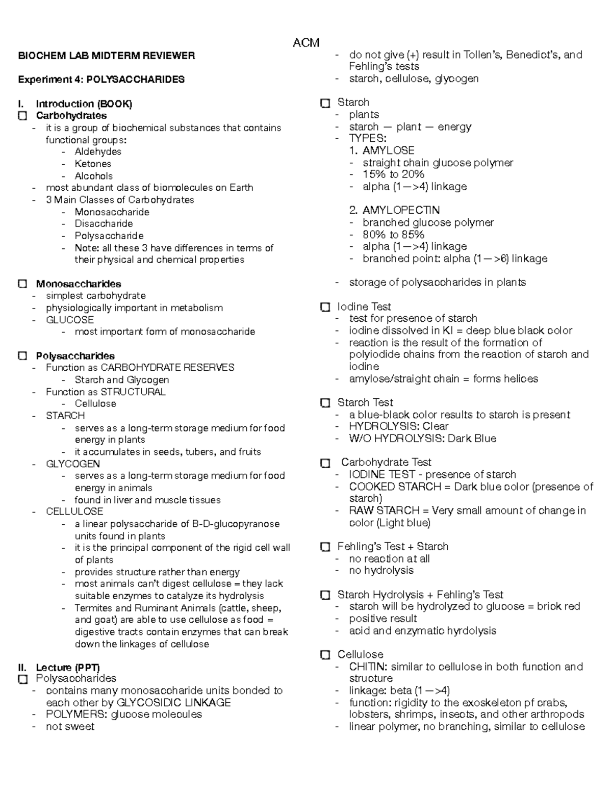 429100059 Biochem Lab Midterm Reviewer: Polysaccharides, Lipids & Amino ...