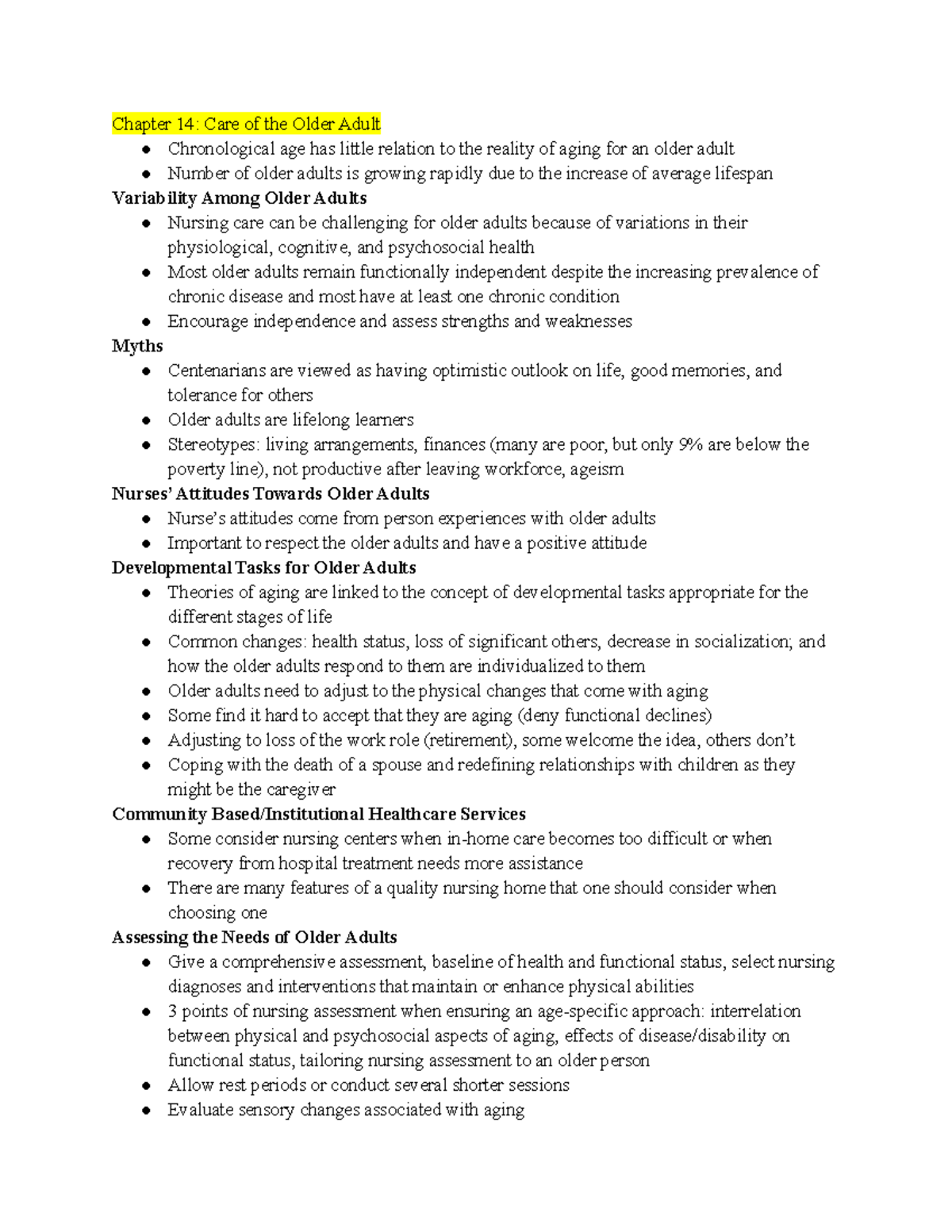 NRS 215 Notes for Exam 2 - Includes content on care of the older adult ...