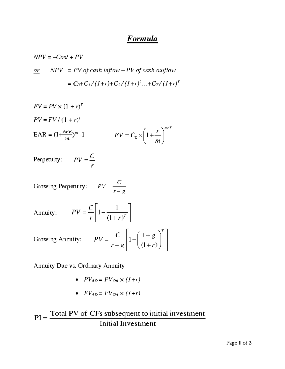 Formula for Final Exam: NPV, PV, and Cash Flow Concepts - Studocu