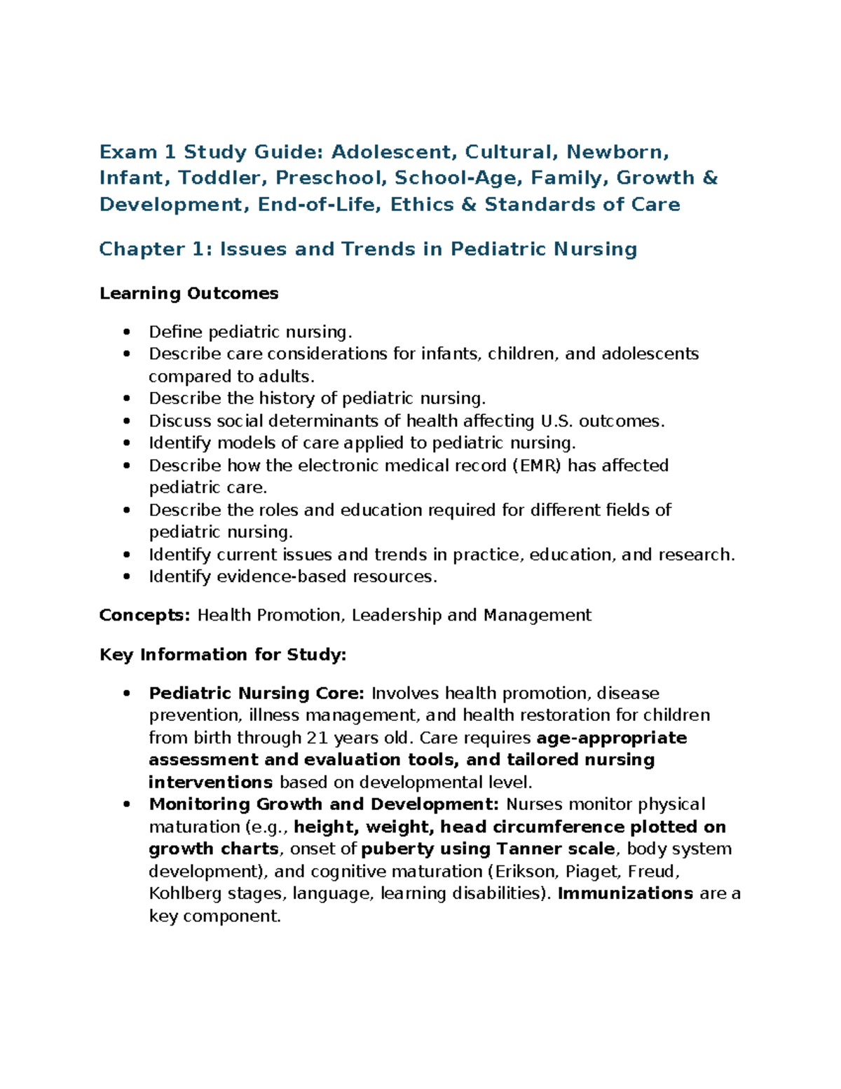 NUR 336 Exam 1 Study Guide: Pediatric Nursing Concepts and Care - Studocu